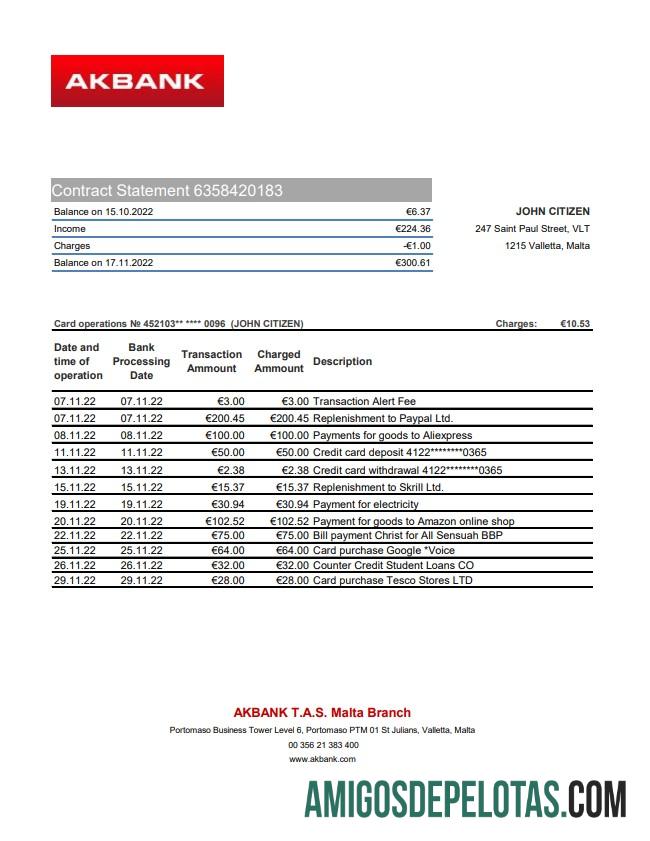 Malta Akbank Bank Statement Xls amostra